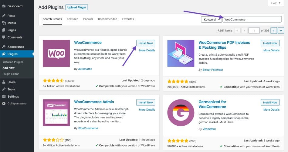 a screen capture from WordPress showing the WooCommerce plugin option