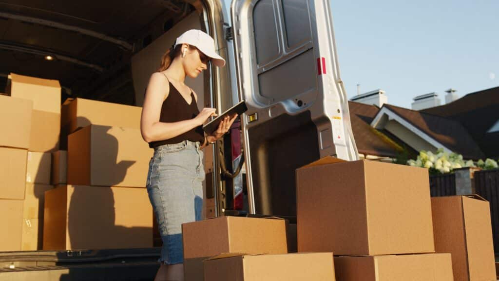 a retail employee checks in boxes of products from a delivery van