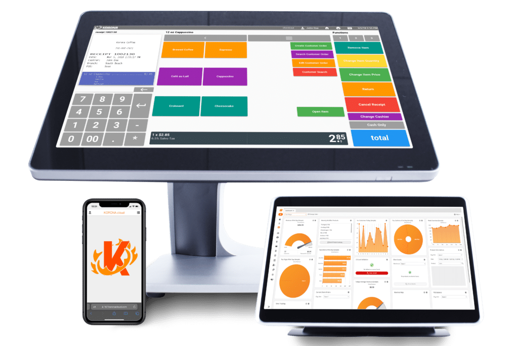 Picture showing desktop, tablet, and smartphone with KORONA POS software