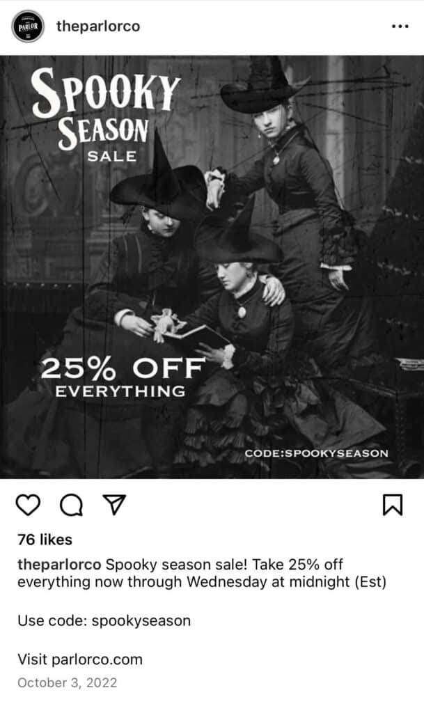 an example of a Halloween post idea from The Parlor Co Instagram showing a seasonal sale and an image of witches