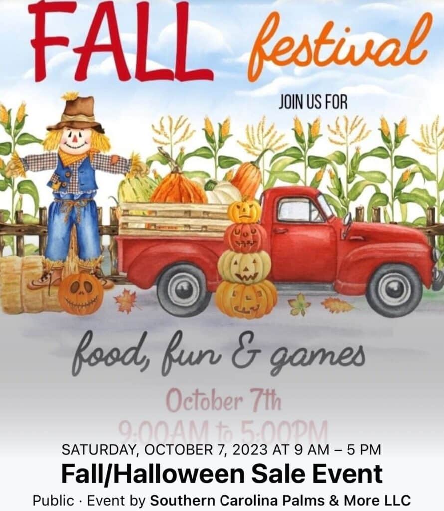 an example of a Halloween Facebook post for a fall festival showing a farm scene with scarecrows, pumpkins, corn stalks, and a red pickup truck