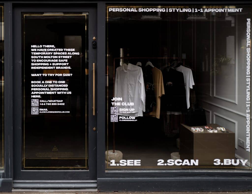 Storefront with an omnichannel retail offer for shoppers to shop online or book an in-person appointment