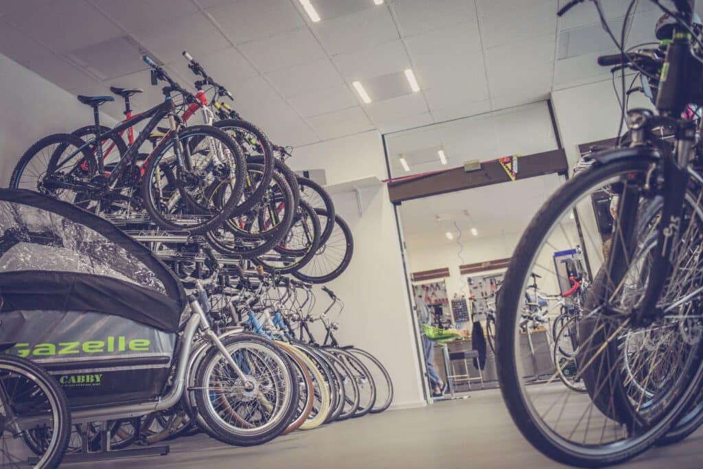 bicycles are displayed in a shop