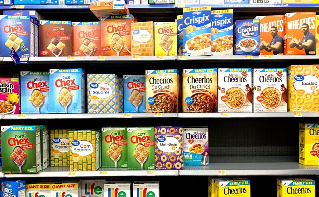 shelves of cereal in a super market
