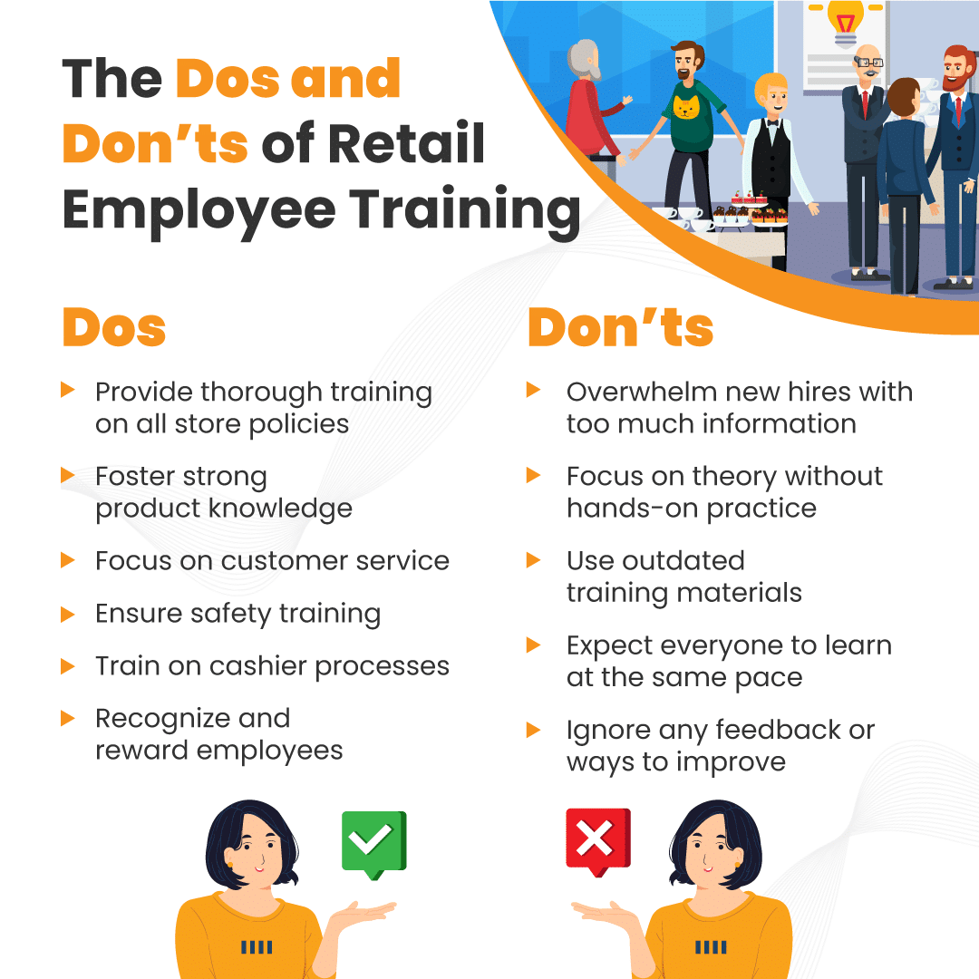 An infographic with a list of dos and don'ts for training retail employees.