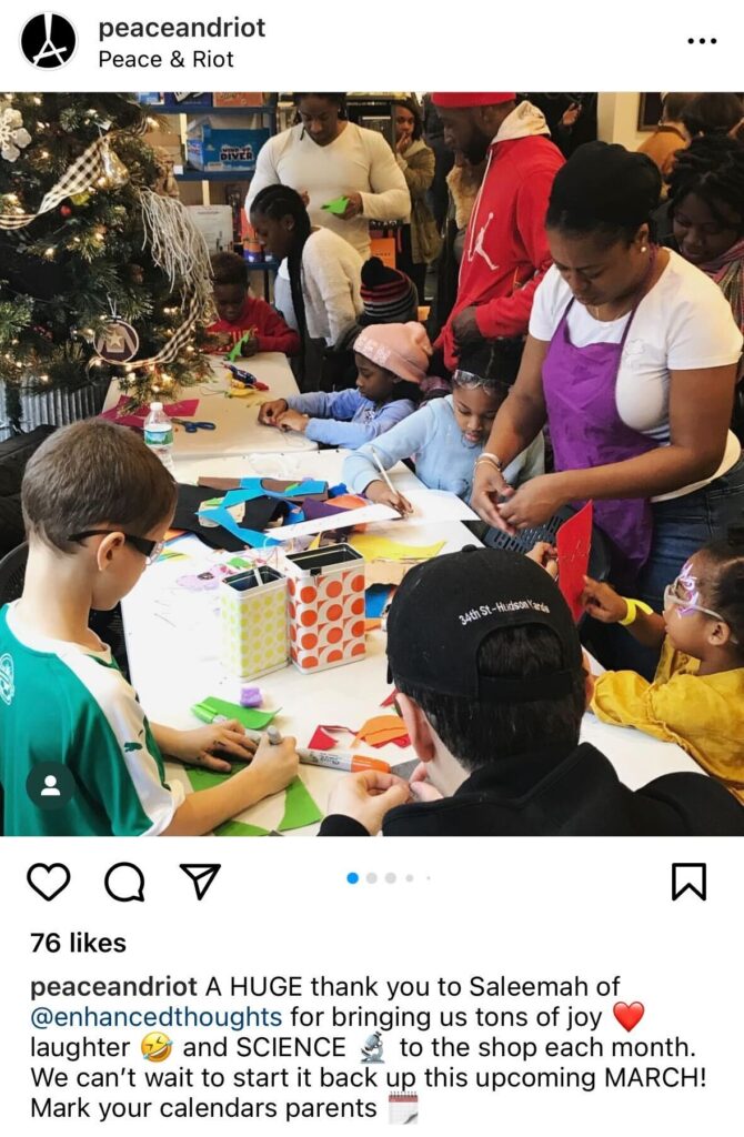 an Instagram post from Peace & Riot gift shop in Brooklyn showing a science workshop retail event for kids