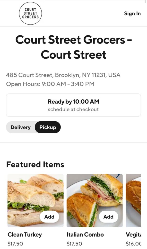 a screen capture showing Court Street Grocers optimized mobile menu