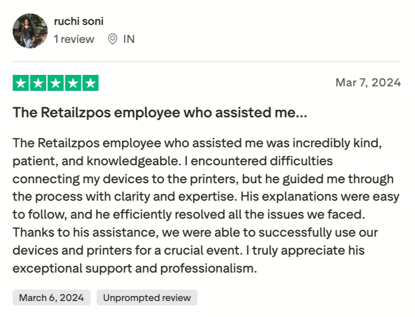 Customer review of RetailzPOS on Trustpilot discussing the system's features and user experience for tobacco retail