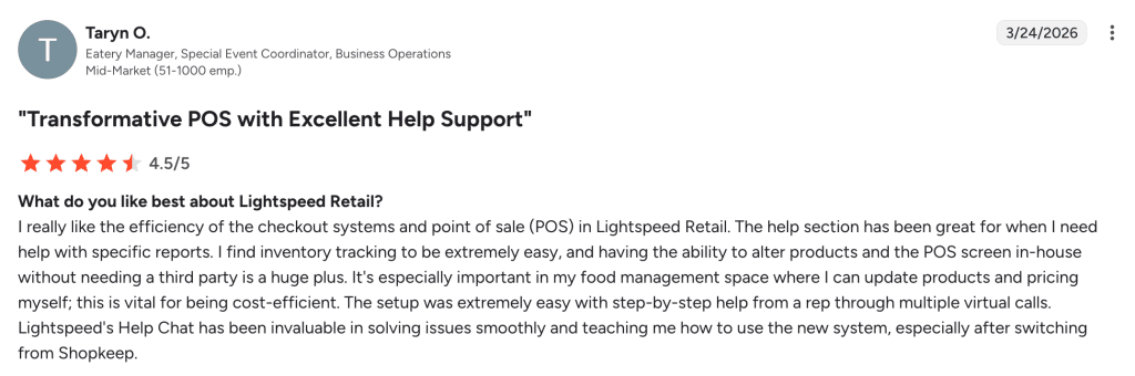 Positive third-party review of Lightspeed POS praising the user interface and feature depth for retail operations