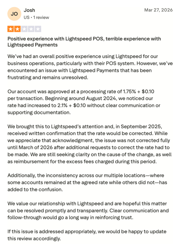 Negative third-party review of Lightspeed POS citing customer support issues and high pricing concerns