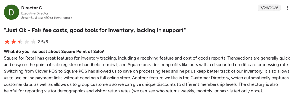 Positive third-party review of Square POS highlighting ease of use and free plan for small business owners