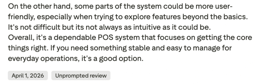 Critical Capterra review of KORONA POS mentioning a steep learning curve and label printing difficulties