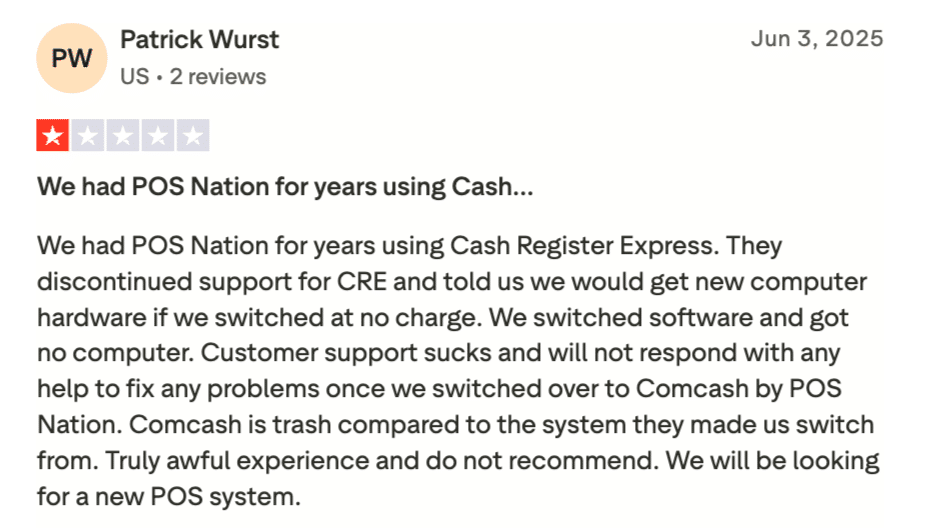 Negative Trustpilot review of POS Nation citing poor customer support response times