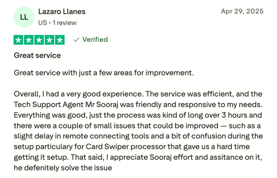 Positive Trustpilot review of POS Nation praising the onboarding and setup experience