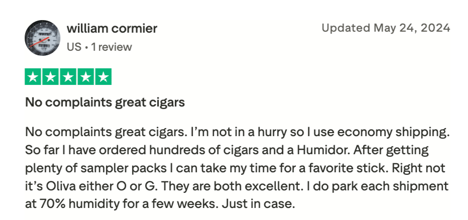 Positive Trustpilot review of Cigars POS praising product quality and smooth ordering experience