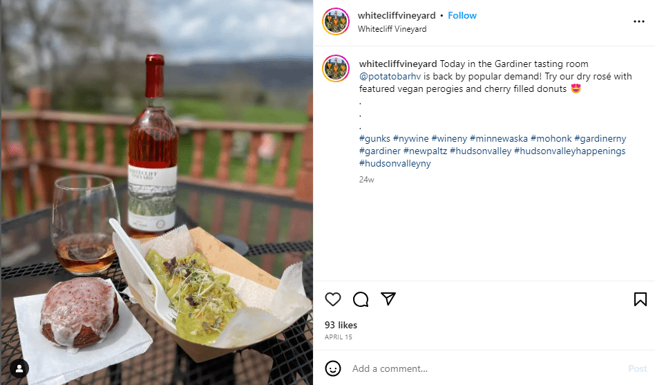an Instagram post from Whitecliff Vineyard collaborating with a local vendor to find new customers