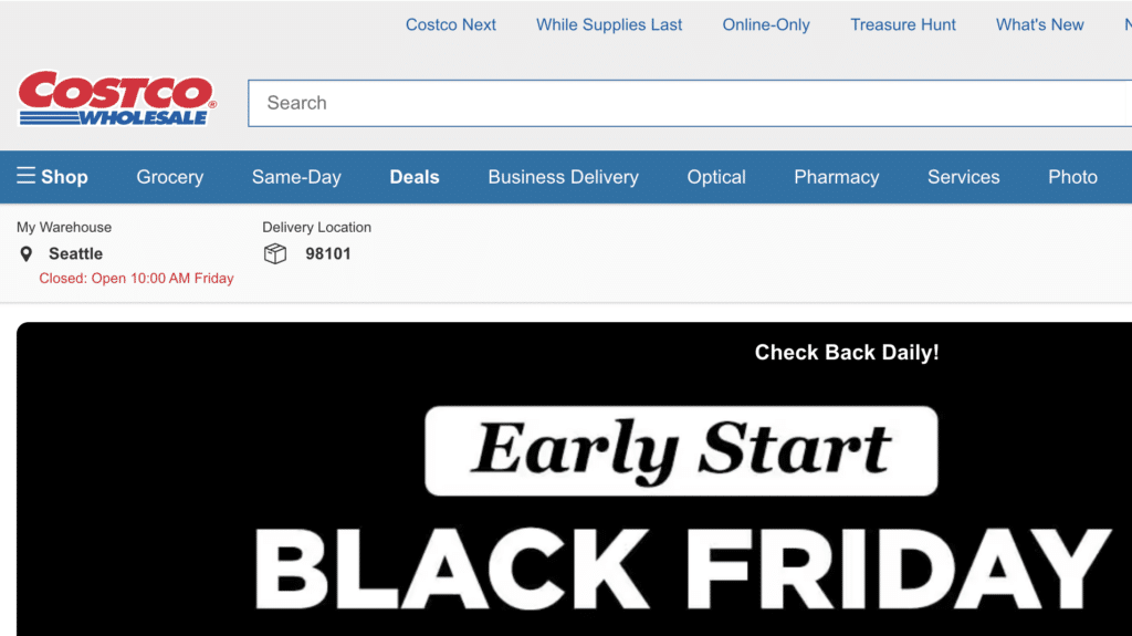 Costco Wholesale home page with promotion for early Black Friday deals