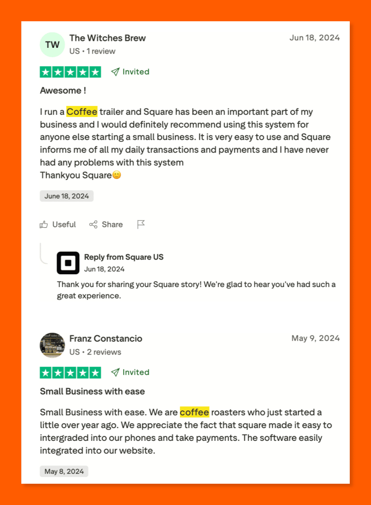 Two five-star Trustpilot reviews of Square from small business owners praising its ease of use and seamless payment integration.