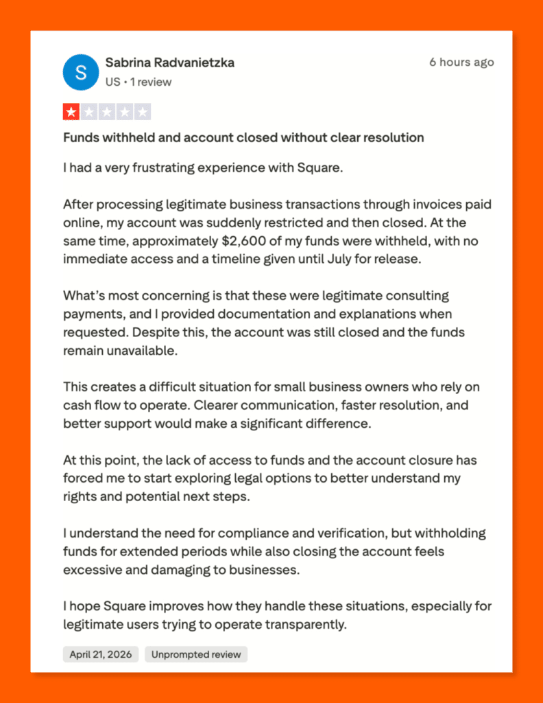 One-star Trustpilot review of Square, reporting an account closure and $2,600 in withheld funds without clear resolution.