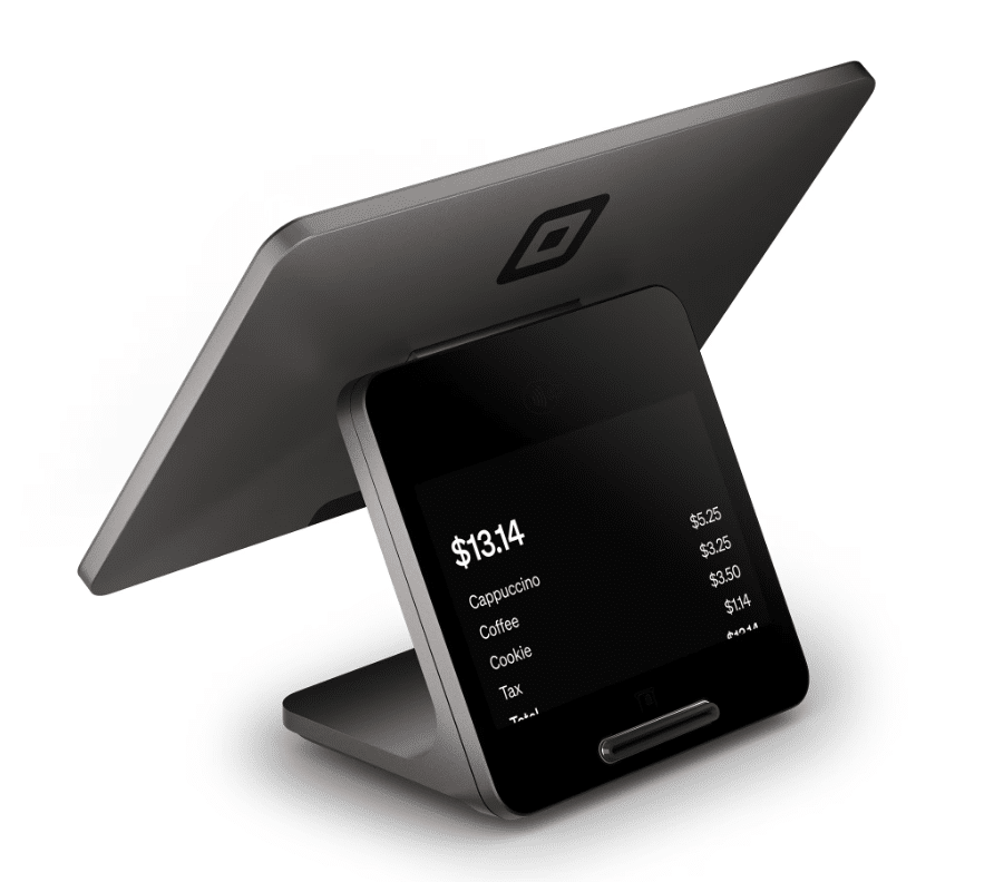 Square POS terminal with a customer-facing screen displaying an itemized order for a coffee shop transaction.