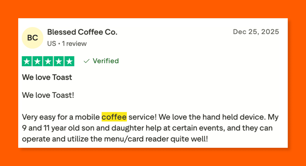 Five-star Trustpilot review of Toast POS by Blessed Coffee Co., praising its easy-to-use handheld device for a mobile coffee service.