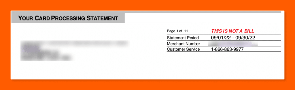 Header of a merchant processing statement showing the statement period, merchant number, and the "This Is Not a Bill" label.