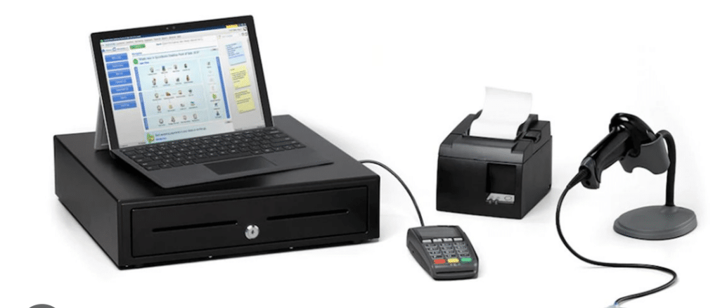 QuickBooks POS terminal with receipt printer, cash drawer, and barcode scanner