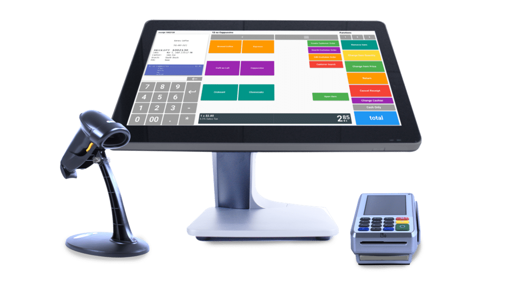 korona POS software and hardware with a display screen, barcode scanner, and credit card reader