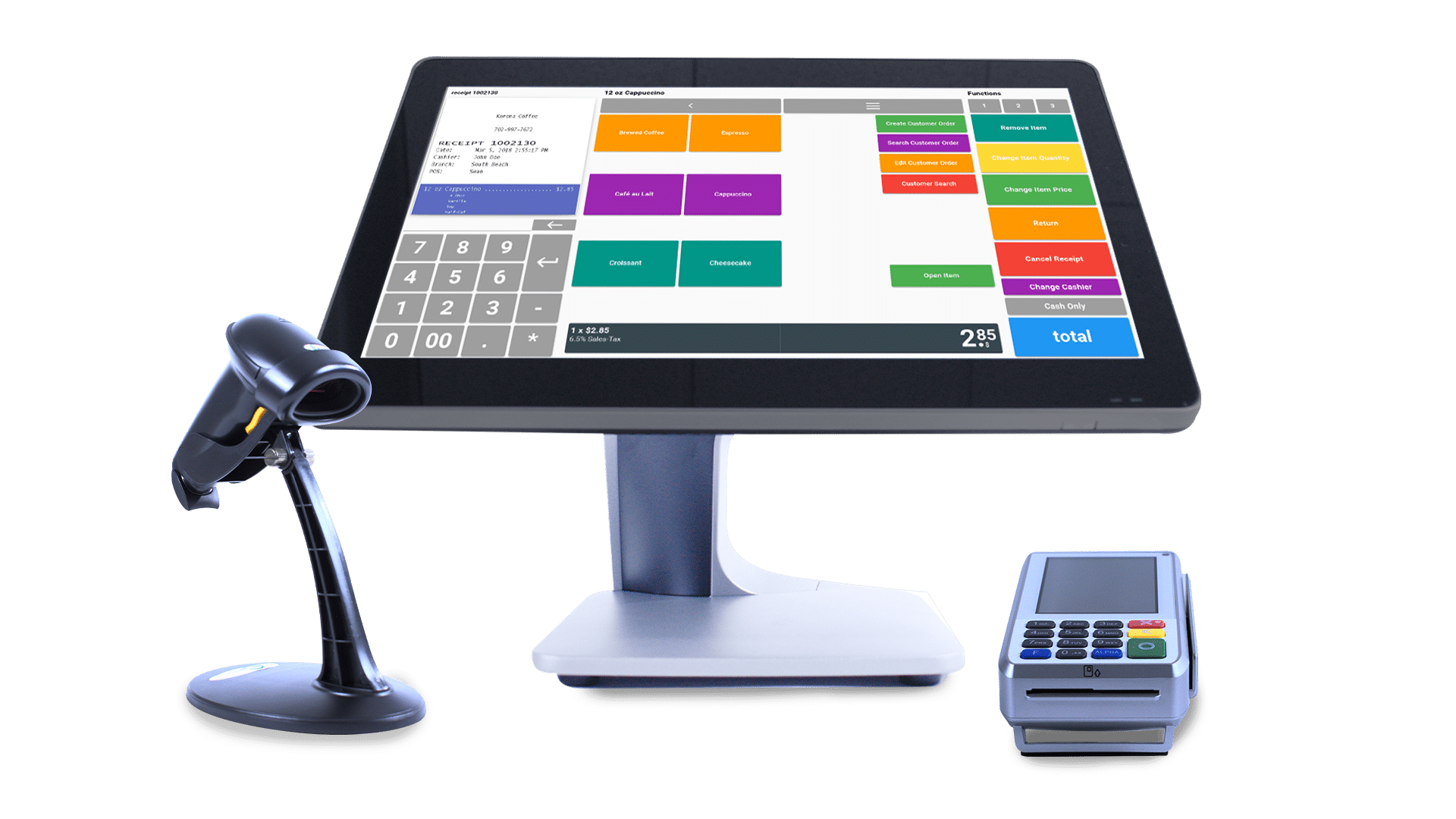 POS desktop terminal with KORONA POS software alongside a barcode scanner and credit card machine