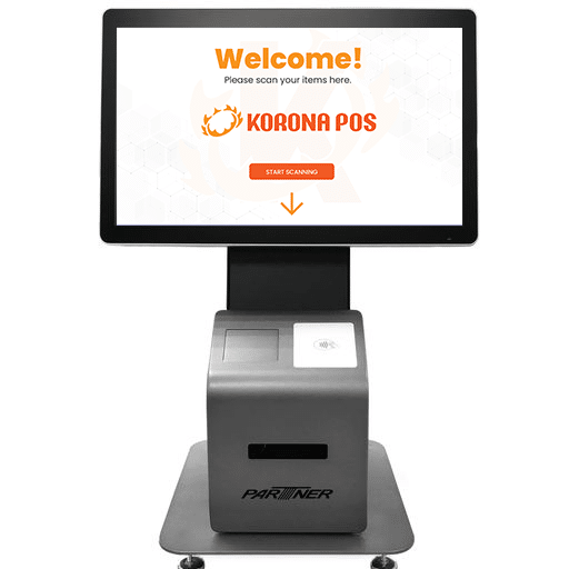 Self-checkout kiosks with KORONA POS software installed on the checkout screen showing users where to scan their items