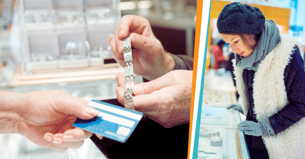 a split image of two photos, one showing a person buying a bracelet with a credit card and the other showing a person browsing a glass jewelry case