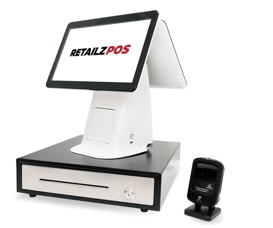 Picture illustrating the hardware of RetailzPOS with a screenshot of its software logo on the screen