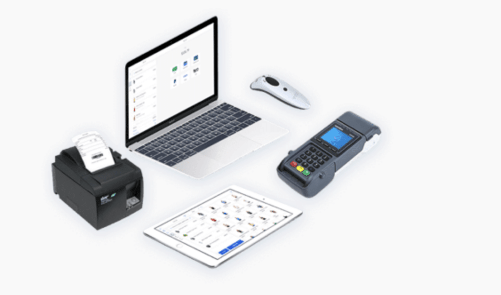 Hardware terminals of Magestore POS with some point sale hardware peripherals, including a scanner, receipt printer and credit card machine