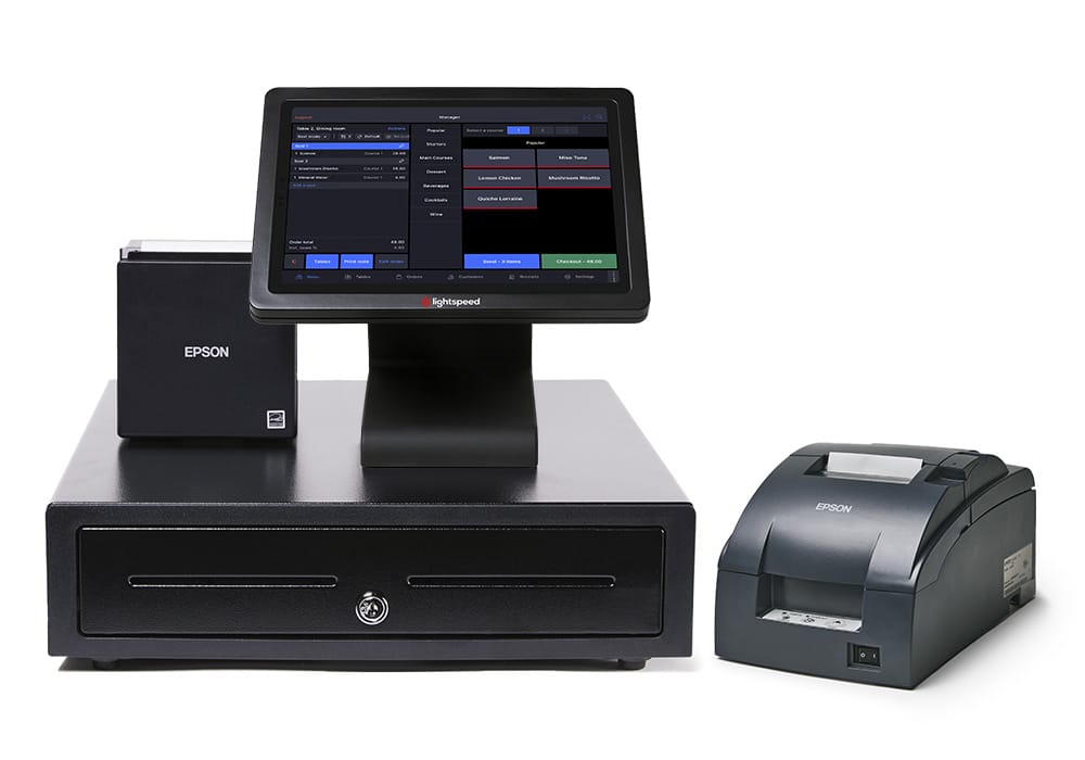 Lightspeed hardware with display screen, cash drawer, receipt printer, and label printer. 