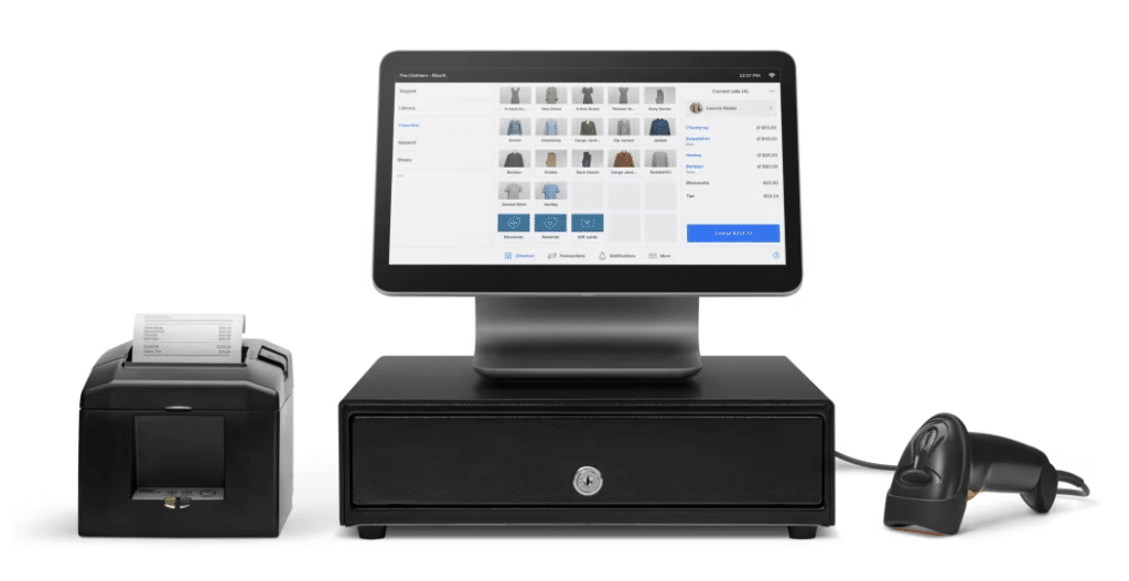Square POS hardware with receipt printer, cash drawer, and barcode scanner