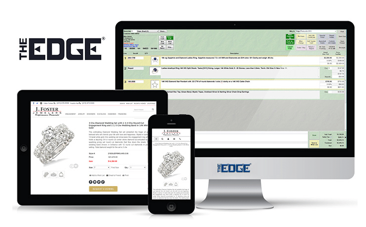 the edge jewelry pos software shown on desktop computer, tablet, and smartphone