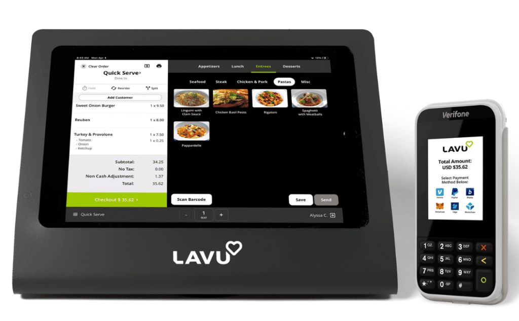 tablet with lavu point of sale software next to a mobile card reader