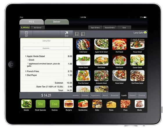 Lavu restaurant POS software shown on a tablet with menu items 
