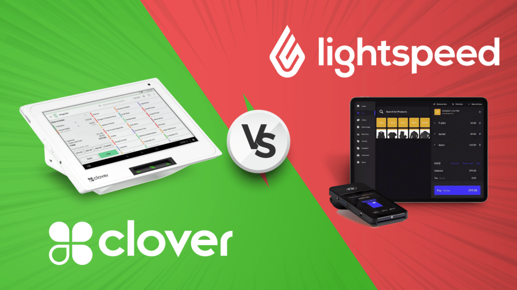 An image illustrating two different POS terminals. One of Lightspeed POS and another of Clover POS.