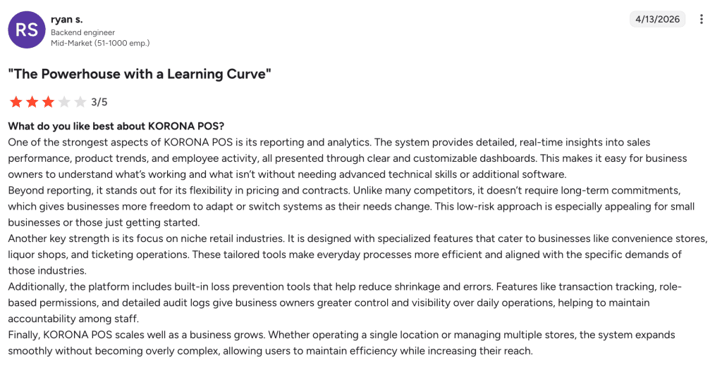 screenshot of a user praising KORONA POS for its robust reporting and analytics.