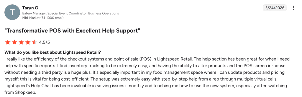 G2 review rating Lightspeed Retail 4.5 out of 5, titled "Transformative POS with Excellent Help Support," dated March 24, 2026.