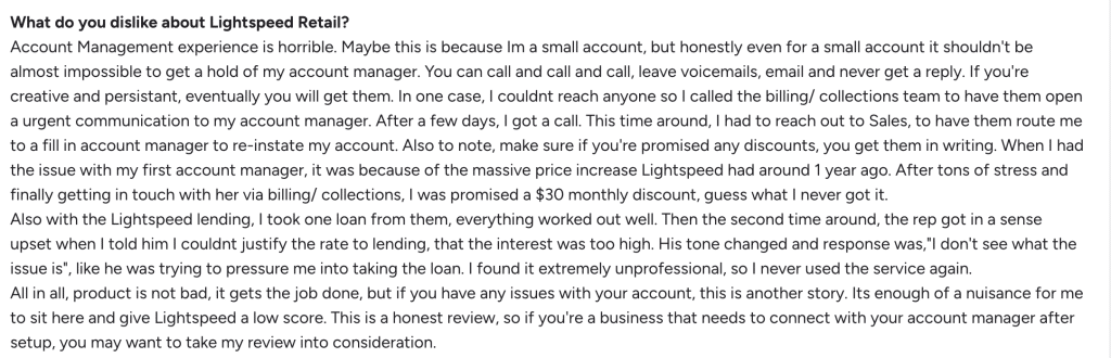 G2 review detailing a negative experience with Lightspeed Retail's account management, pricing practices, and lending service.