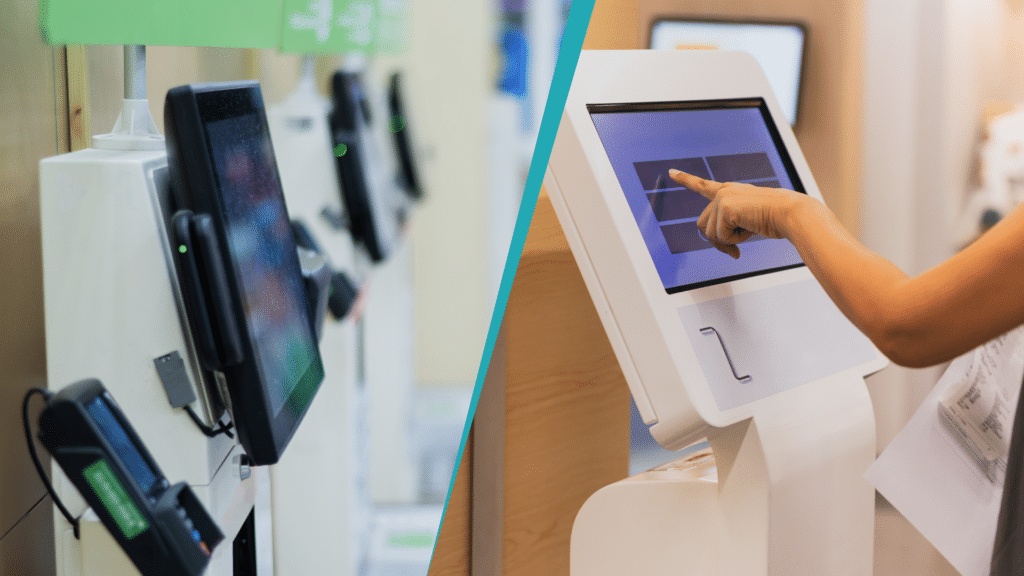 a split image showing two self service machine kiosks, one has a credit card reader attached and the other has a person using a touch screen