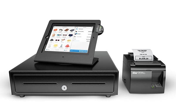 shopify POS hardware and software with a tablet, cash drawer, and receipt printer 