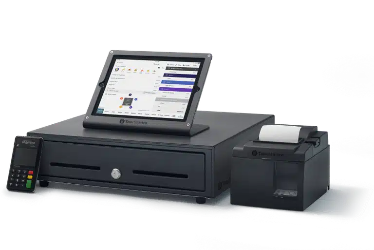 a Touchbistro hardware bundle with credit card reader, cash drawer, receipt printer, and tablet showing software
