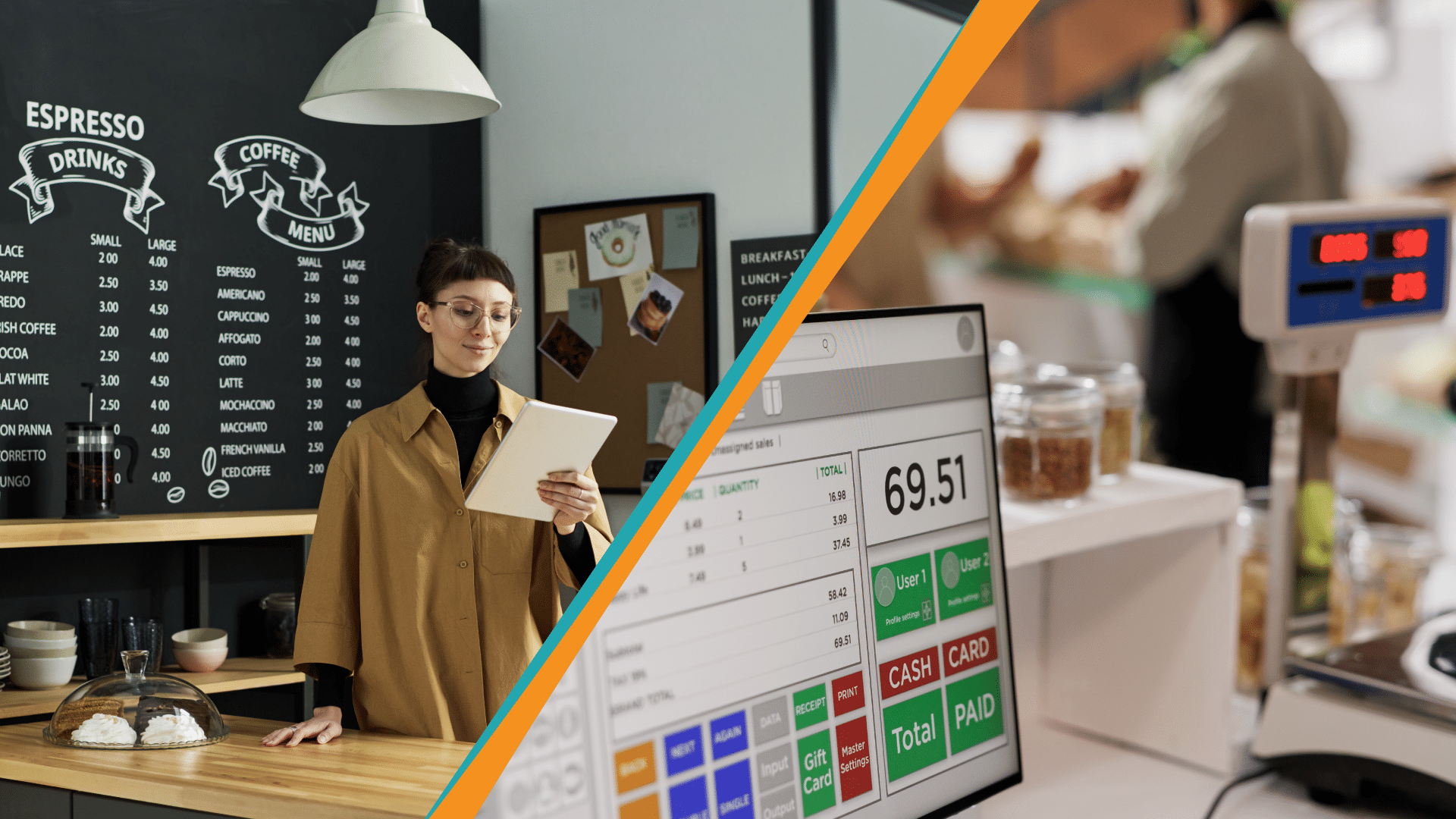 retail price optimization software featured image showing a coffee shop manager on one side and a grocery store scale and point of sale display screen on the other