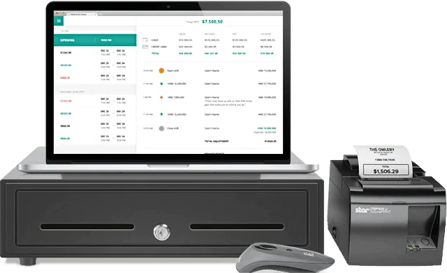 ConnectPOS software and hardware with cash register, barcode scanner, and receipt printer