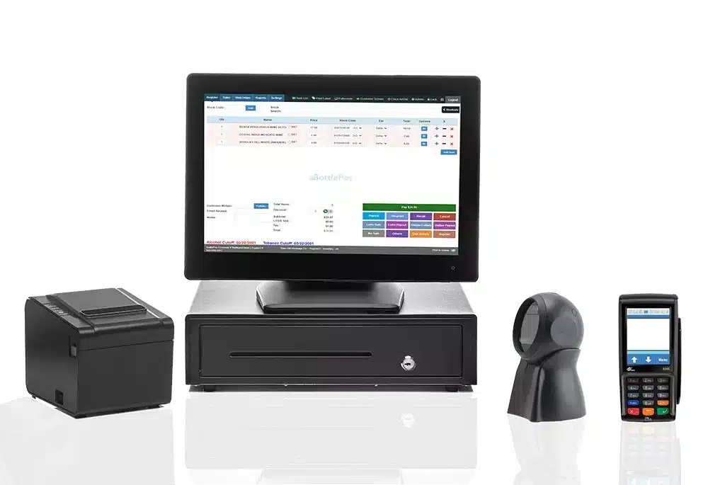POS Nation desktop terminal with receipt printer, cash drawer, 1-D scanner, and card reader