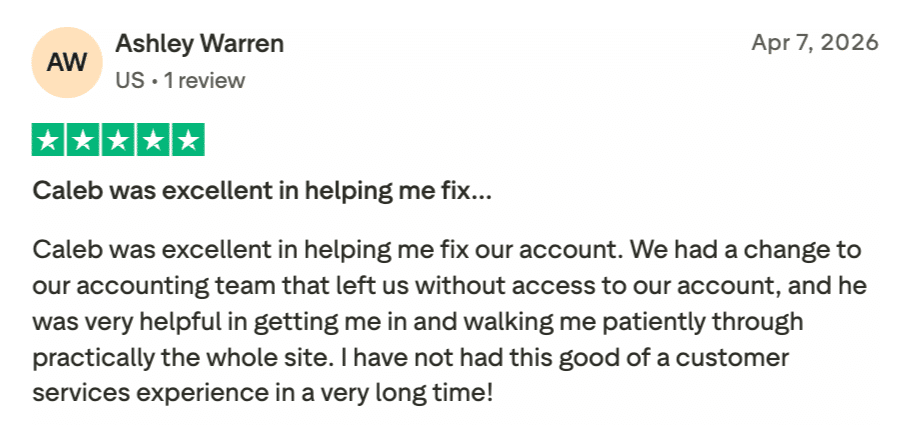 Screenshot review praising a Stax support representative named Caleb for patiently helping restore account access and walking through the platform step by step.