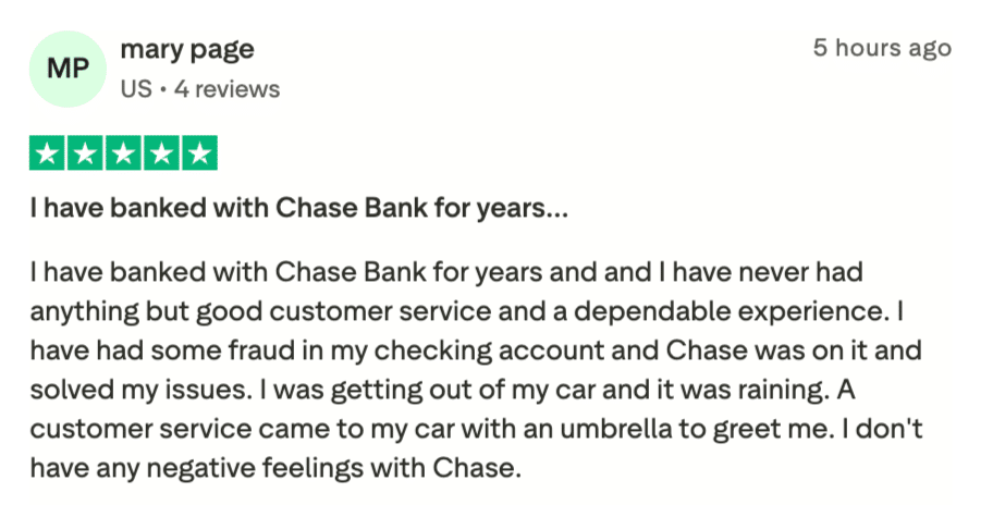 Screenshot of review from praising Chase Bank for years of dependable customer service.